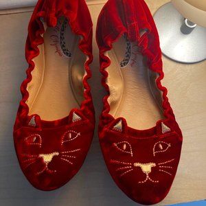 Charlotte Olympia Kitty Flats Red Velvet w/ Gold Embroidery *Cool Cat* Size 40.5
